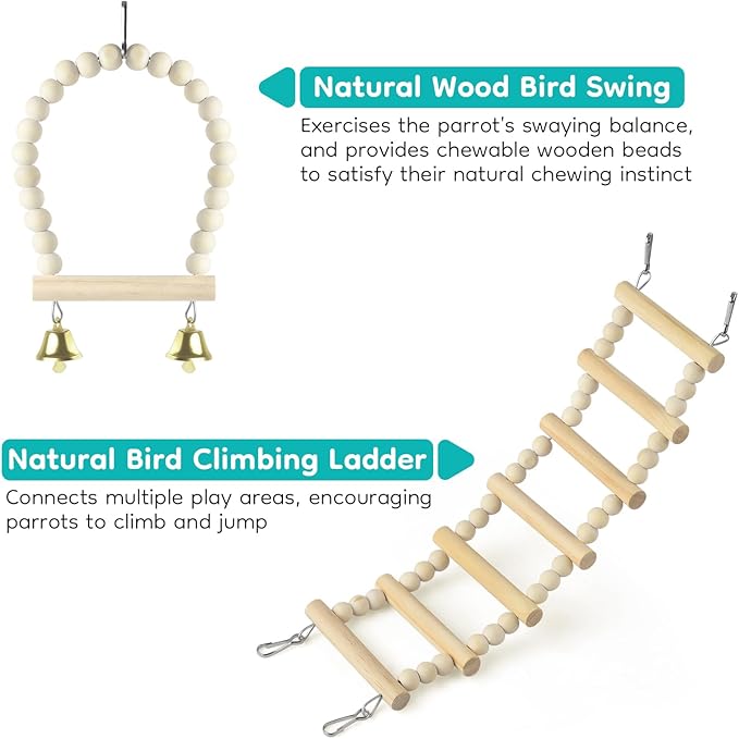 DBNESS Bird Perch Toys, Wooden Ladder Perch for Cage, Parrot Platform Stand Colourful Swing Hammock Climbing Bridge Exercise Cage Accessories for Budgies Cockatiels Lovebirds Hamster (5 in 1)