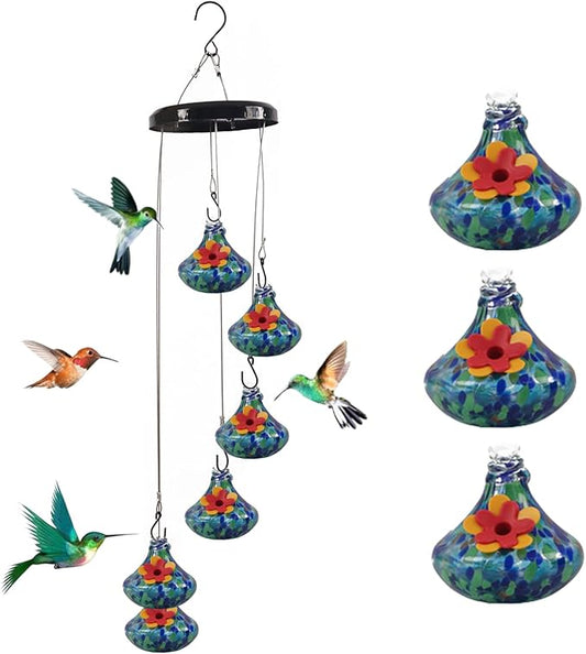 Charming Windchimes Hummingbird Feeders, Unique Hand Blown Glass Multiple Hummingbird Feeders for Outdoors Hanging, Garden Decor for Outside Patio, Water-drop-03