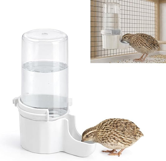 Quail Chick Waterer with Anti-Drowning Shallow Tray, 16.6 fl oz Automatic Gravity Button Quail Waterer, Hanging or Free-Standing Bird Water Dispenser for Wire Mesh Cages and Brooders (White)