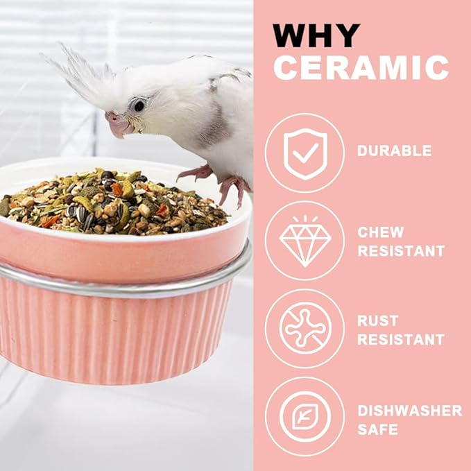 Bird Cage Feeder Parrot Food Cage Bowl Clamp Holder Coop Cup, Ceramic Bird Cage Water Bowl, Pet Feeder Cage for Parakeet African Greys Conure Cockatiels Lovebird Budgie Chinchilla-Pink