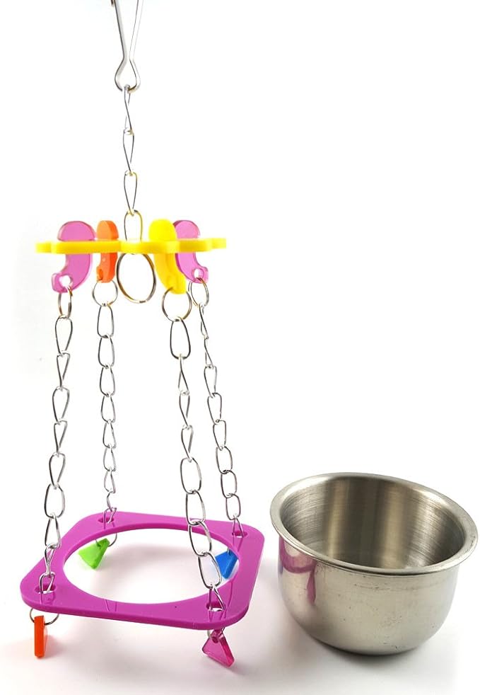 Pet Bird Food Feeding and Drinking Hanging Cup Stainless Steel Coop Hanger Cup and Cup Holder for Parrot Cage Budgie (Small)