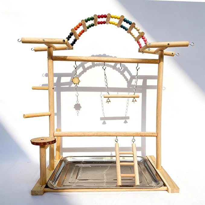 Bird Play Stand with Beads & Swing for Parrots | Multi-Level Natural Wood Stand | Perfect for Parakeets, Cockatiels & Small Parrots | Engaging Bird Perch & Toys
