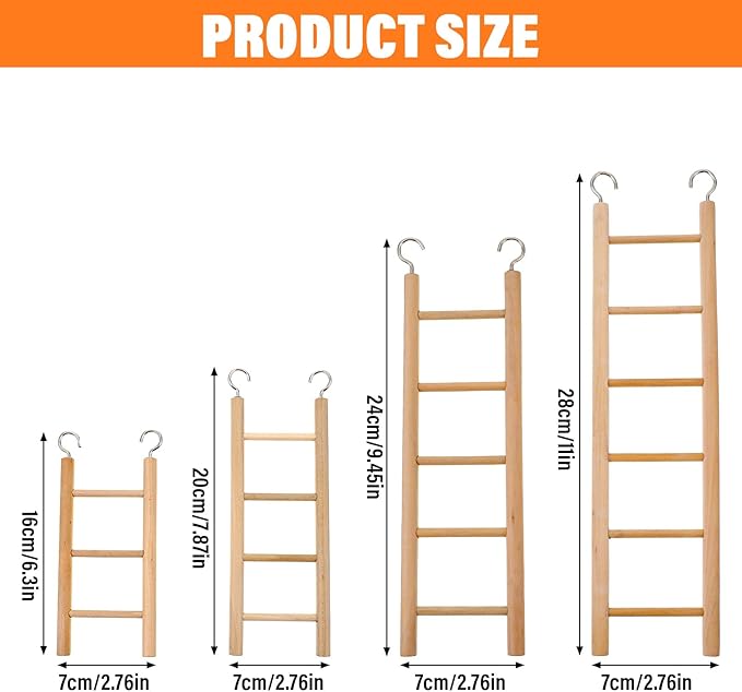 4 Pcs Wooden Bird Ladder, Bird Ladder for Cage, Birds Toys for Parakeets Parrots Lovebirds Cockatoo Birdie Basics Climbing Supplies(3&4&5&6 Step)
