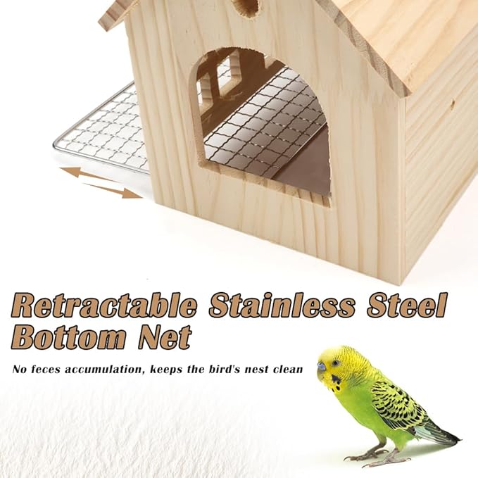 DQITJ Bird Cage Nesting Box Wooden Breeding Nest with Stainless Steel Bottom Mesh for Parrot Budgie Conure Lovebird Finch Parakeet Cockatiel Small Bird