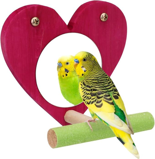Hypeety Bird Mirror Toy Cage Standing Perch Wood Toy Parrot Parakeet Budgies Cockatiel Conure Finch Lovebird African Grey Macaw Amazon Cockatoo Birdcage Wood Stand Perch(Color Random) (Heart Shape)