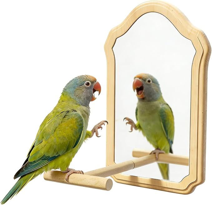 Parrot Mirror Toy with Natural Wood Perch | Fun Self-Entertainment for Birds | Prevent Boredom, Feather Plucking & Loud Calls | Acrylic Mirror and Wood Perch for Parakeets, Cockatiels, Lovebirds