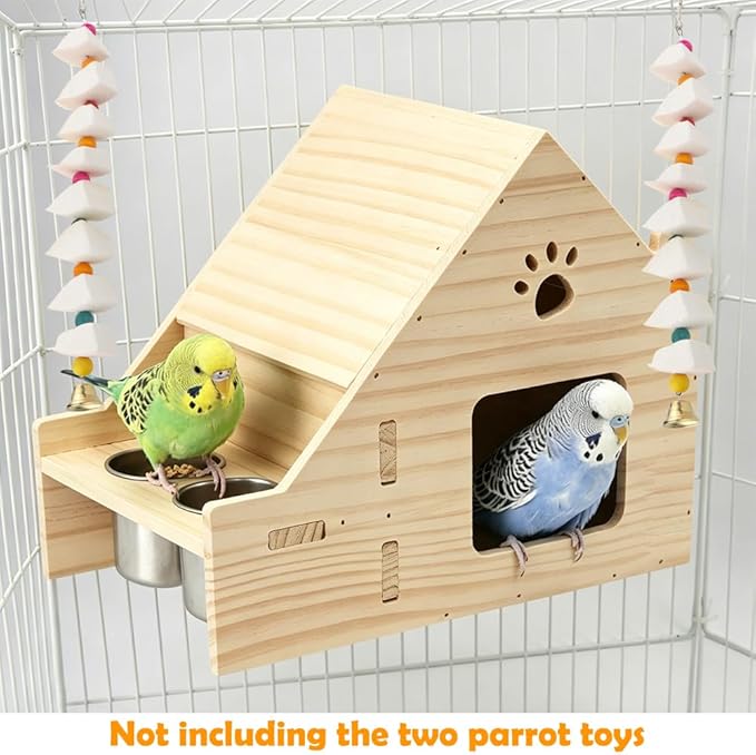 DQITJ Bird Wooden Nest with 2 Pcs Stainless Steel Food Bowl Cage Breeding House for Small Bird Conure Lovebird Finch Parrot Parakeet Cockatiel Budgie