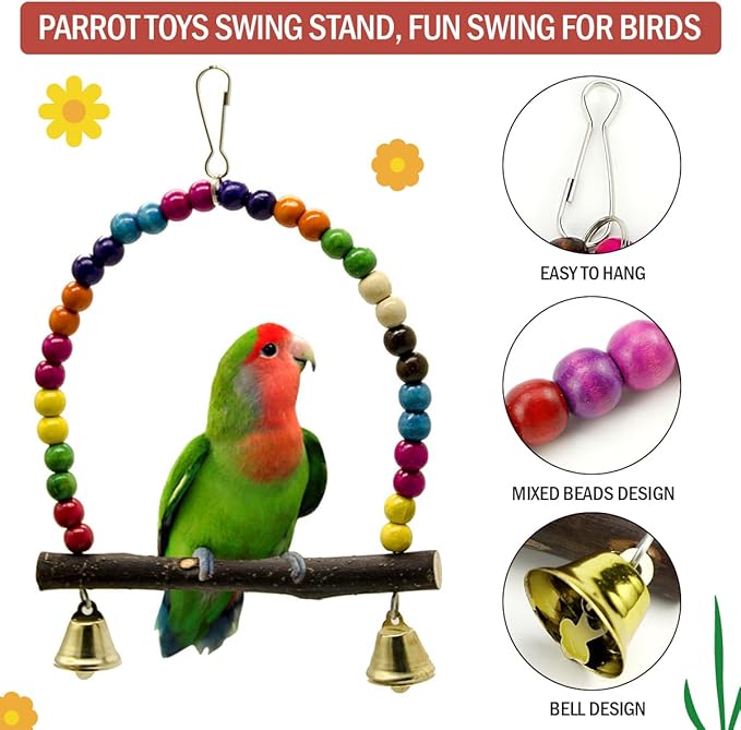 2 Pcs Wooden Bird Swing for Cockatiels Parakeets - Natural Wood Perch Hanging Toy with Colorful Beads Bell, Birdcage Climbing Accessories for Lovebirds Conures Budgies