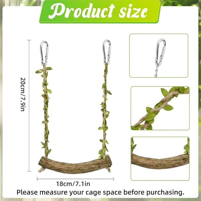 Natural Wood Bird Swing Perch with Decorative Leaves - 7.1" Durable Bird Stand Platform Toy for Cage, Hanging Budgie Parakeet Hammock Accessories for Lovebirds, Cockatiels, Conures, Finches