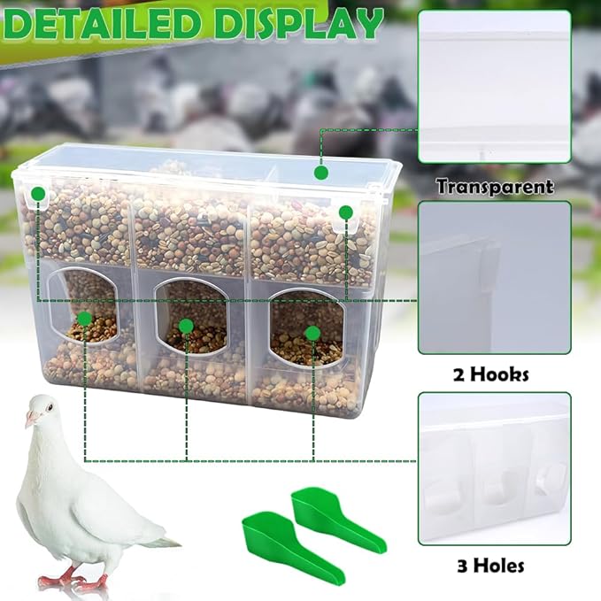 Pigeon Automatic Feeder Plastic Water Dispenser No Mess Hanging Food Feeder for Bird Cage Parakeet Quail Bird Chicken (3 Hole-Hook Design)