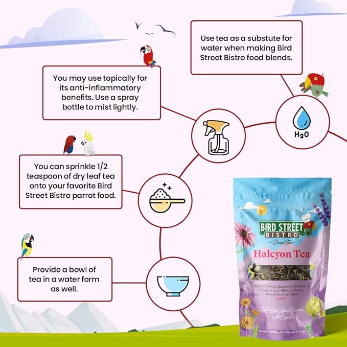 Bird Street Bistro Parrot Tea 3oz - Parakeet & Cockatiel Food Vitamin Substitute - Bird Health Supplies - Bird Food Topper (0.1875 Pound, Halcyon Tea)