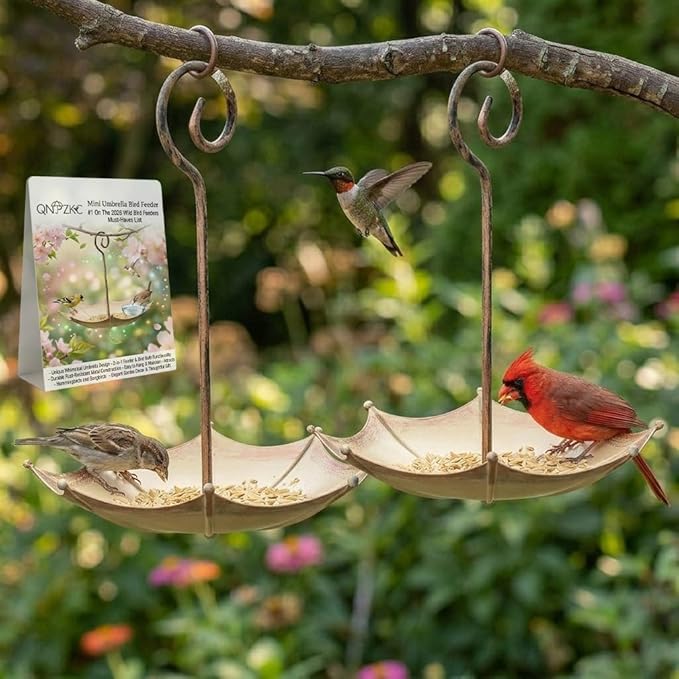 Mini Umbrella Bird Feeder Whimsical Garden Charm Hummingbird Feeders Station for Outdoors Hanging Metal Tray Birds Bath Waterer Shade Cover Garden Gifts for Wild Patio Yard Tree Decor