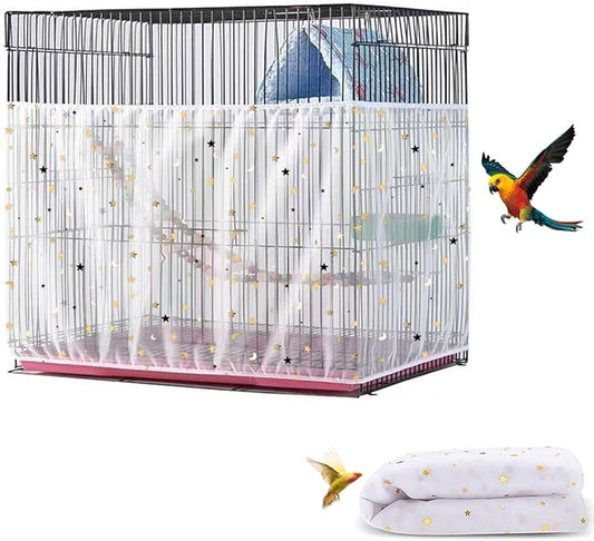 Large Bird Cage Cover, Bird Cage Seed Catcher, Adjustable Soft Airy Nylon Mesh Net, Birdcage Cover Skirt Seed Guard for Parrot Parakeet Macaw African (Star-White, 15.7" x118")
