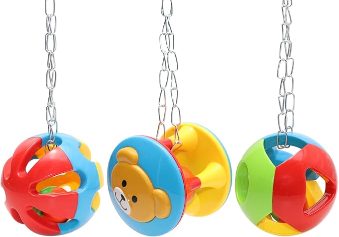 Wontee Bird Hanging Ball with Bell Colorful Chewing Treat Toy for Parrot Parakeet Cockatiel Conure Lovebird Dog Puppy Cat (3 PCS)