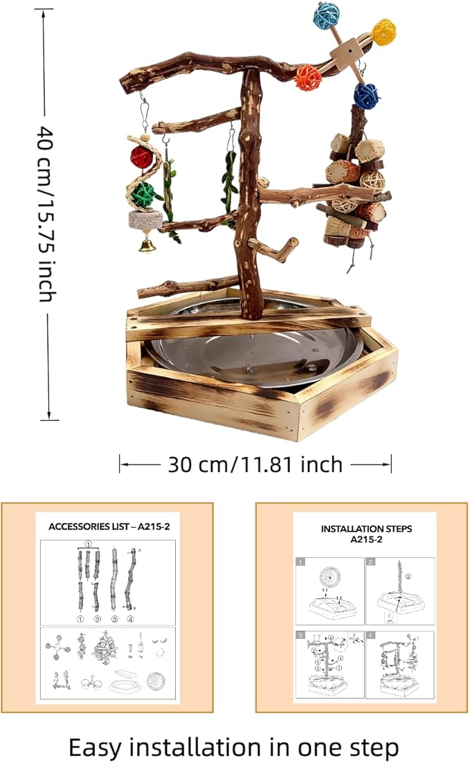 Wooden Bird Play Stand for Parakeets & Cockatiels, Natural Wood Perch Gym with Hanging Toys, Removable Metal Tray, Multi-Level Bird Playground for Small to Medium Birds