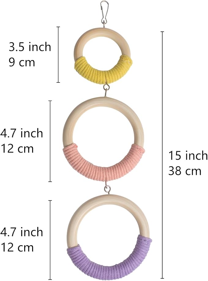 3-Ring Bird Wooden Swing Climbing Toy Chewable Cotton Rope Perch for Cage Cockatiels Budgies Parakeets Lovebirds