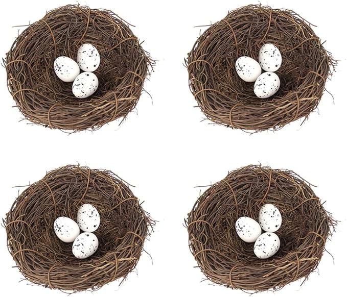 Surakey 4 Sets Bird Nest with Eggs Rattan Artificial Bird Nest Imitation Craft for Home Decor Garden Ornaments Speckled Fake Foam Quail Bird Eggs for Wedding Party Decorative (12CM + 3 Egg)
