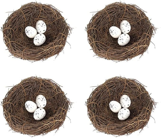 Artificial Birds Nest, 4 Set Handmade Natural Rattan Nest Decor with Foam Eggs for DIY Crafts Garden Yard Home Party Easter Decoration