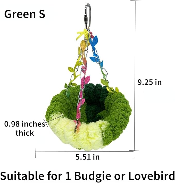 Bird Hammock Winter Warm Parrot Nest Bed Plush Snuggle Pet Cave Hammock Toy Parrot Cage Accessories (Green,S)