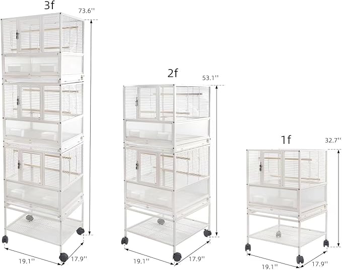 Stackable Breeding Bird Cage with Splash-Proof Baffle, Rolling Stand with Wheels, for Aviaries, Canaries, Cockatiels, Lovebirds, Finches, Budgies, Small Parrots, White. (3F)