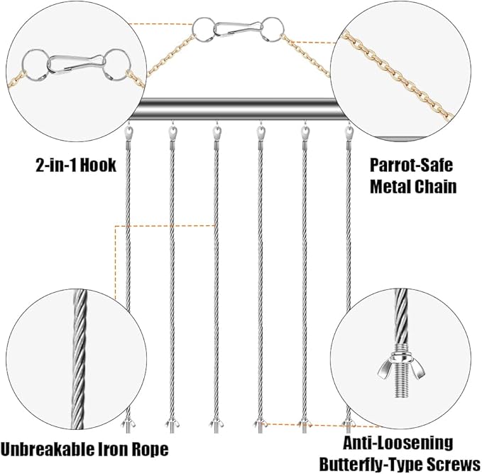 Stainless Steel Parrot Toy Hanging Rack, Large Bird Toy Stand with 6 Hanging Cables & Swivel Hooks, Chew Toy Holder for Macaws, Cockatoos, African Greys, Bird Cage Accessory for DIY Toy
