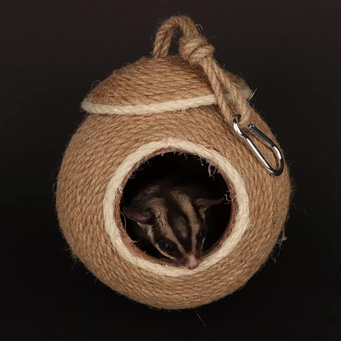 Sugar Glider House Climb Toys Natural Coconut Shell Hemp Rope Hut Hide Out Nest for Rat Hamster Squirrel Bird Parakeet,Cage Habitats Hammock (Metal Hook)