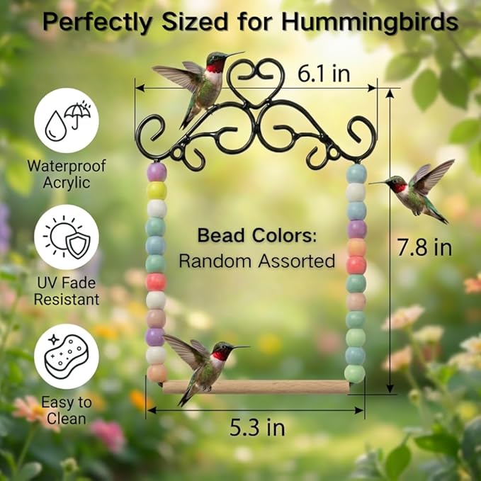 Hummingbird Swing & Perch for Outdoor – Rust-Resistant Metal Bird Perch with Colorful Beads, Easy Hanging Garden Accent Near Feeder, Bird Bath & Hummingbird House (2 PCS)