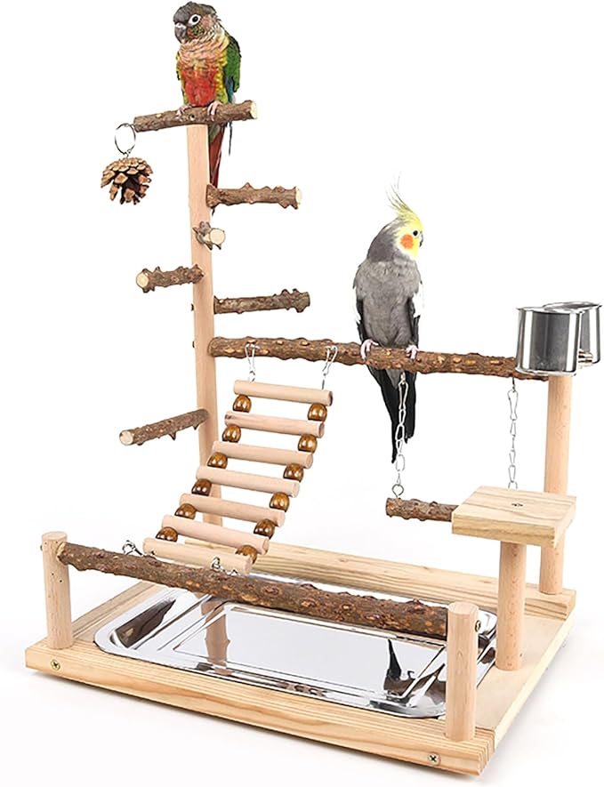 RoseFlower Bird Playground, Parrots Wooden Playstand, Birdcage Playground Play Gym Parakeet Playpen Ladder with Feeder Cup and Tray, Bird Toys Swing Exercise Toy