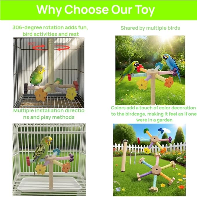 Flower Bird Stand Perch Toy, Interactive Spinning Parakeet Toys, Wooden Exercise Wheel Parrot Toy, Colorful Enrichment Cockatiel Toy for Birds Cage, Bird Cage Accessories Perch Toys for Budgies