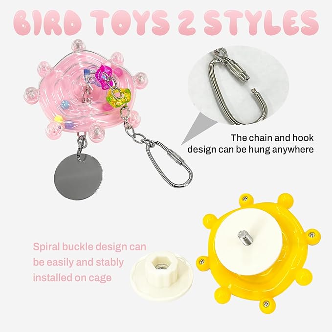 Parakeet Toys, 2 Pack Bird Toys for Parakeets - Interactive Colorful Spinner Wheel Rattle with Bell for Cockatiels, Budgies, Conures, Small Parrot Cage Chewing Exercise Enrichment Toys (Yellow & Pink)
