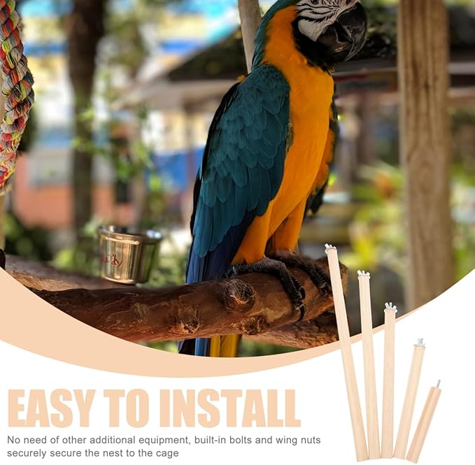 5Pcs Natural Wood Bird Perches with Stainless Steel Washers Wing Nuts Parrot Stand Branches Cage Exercise Climbing Toy Rough Surface Grinding Stick Feet Healthcare for Parakeets Cockatiels Fin