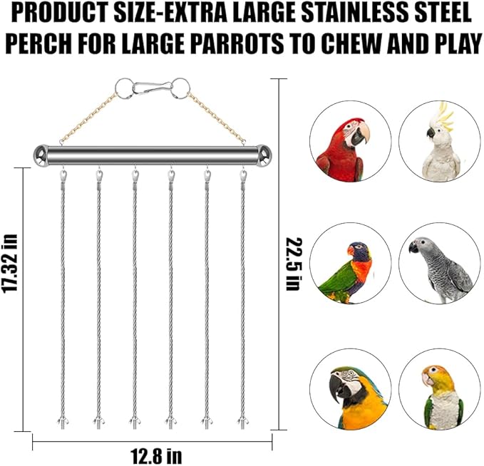 Stainless Steel Parrot Toy Hanging Rack, Large Bird Toy Stand with 6 Hanging Cables & Swivel Hooks, Chew Toy Holder for Macaws, Cockatoos, African Greys, Bird Cage Accessory for DIY Toy