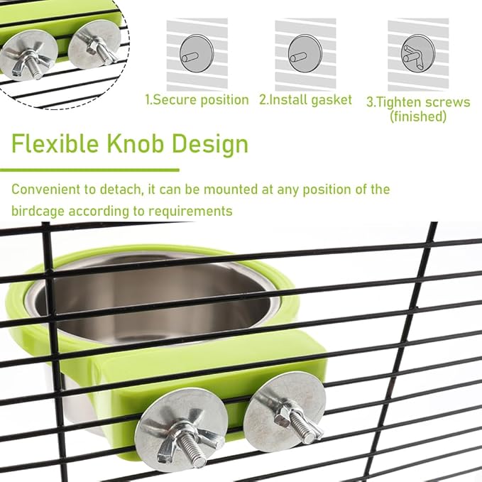 2 Pack Bird Detachable Bowl Stainless Steel Feeder Feeding Dish Water Cup Perch Stand with 2 Pcs Spoon for Bird Parrot Canary Finch Parakeet Budgie Cockatiel Lovebird