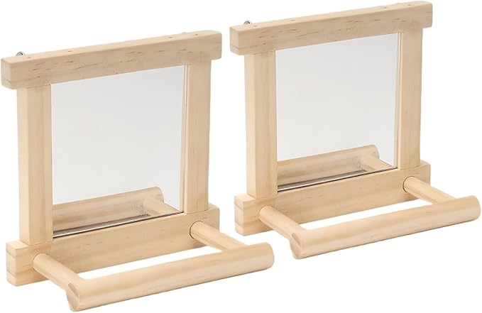Natural Wood Bird Stand with Mirror, Perch and Swing Toy for Parakeets, Hummingbird, Lovebirds and Cockatoos (2 Pack)