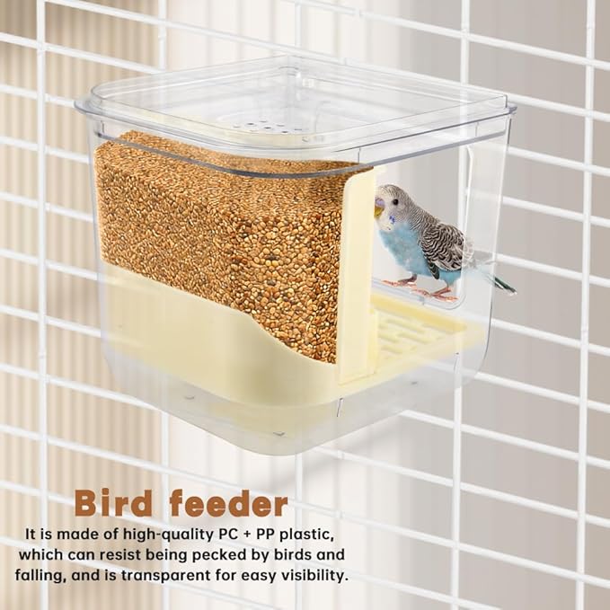 Automatic Bird Feeder with 2 Spoons, No Mess Bird Feeder for Cage, Transparent Bi-rd Cage Accessories for Parakeet Canary Cockatiel Finch(Color:White)