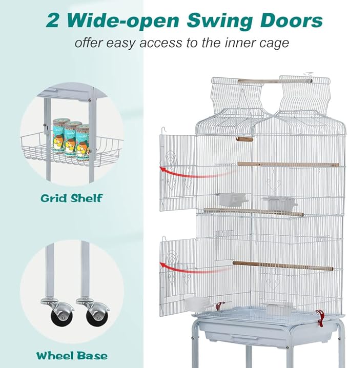 BestPet 64 inch Wrought Iron Bird Cage for Parakeets Medium Small Parrots Parakeet Cage with Detachable Rolling Stand & Play Open Top for Cockatiels Lovebird Finches Canaries,White