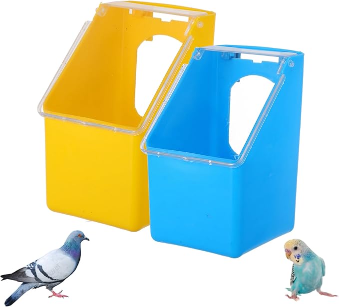 Hanging Pigeon Feeder with Lid – 5.51 x 3.34 x 3.14 in Plastic Food & Water Dispenser, Space-Saving Cage Mount, No-Waste Feeding for Pigeons, Doves, Quail, Cockatiels