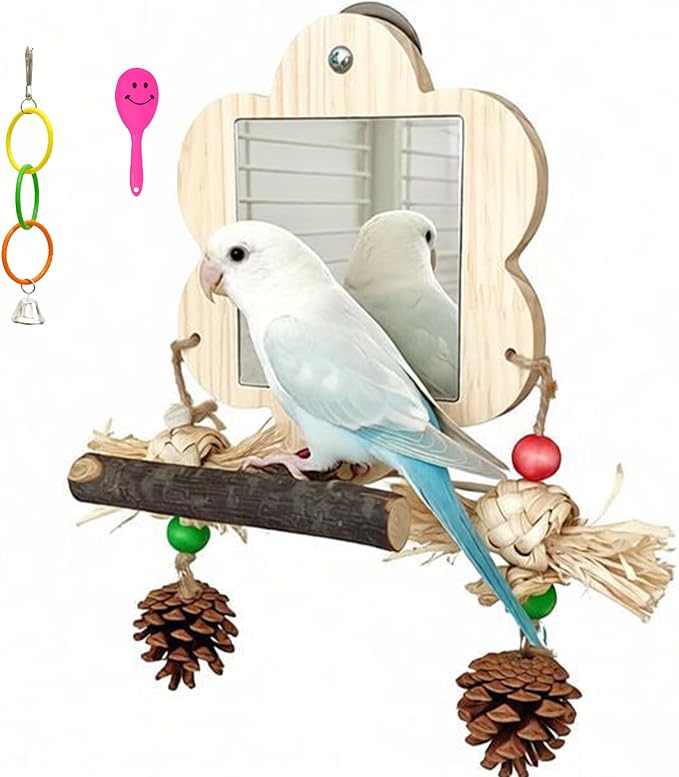 Bird Mirror with Perch, Cockatiel Mirror for Cage, Parakeet Toys with Chew Toy,Bird Cage Accessories for Parrot Conure Lovebirds Finch Canaries(Pinecone)