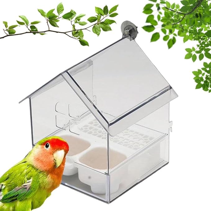 Pull-Out External Parrot Feeder, Parrot Feeder, Hanging Wild Bird Seed with Squirrel Proof Tray, Bird House, Decorative Clear Bird Bath Tub Easy to Fill, Clean for Finch and Hummingbird