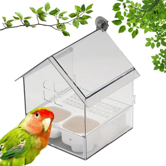 Pull-Out External Parrot Feeder, Parrot Feeder, Hanging Wild Bird Seed with Squirrel Proof Tray, Bird House, Decorative Clear Bird Bath Tub Easy to Fill, Clean for Finch and Hummingbird