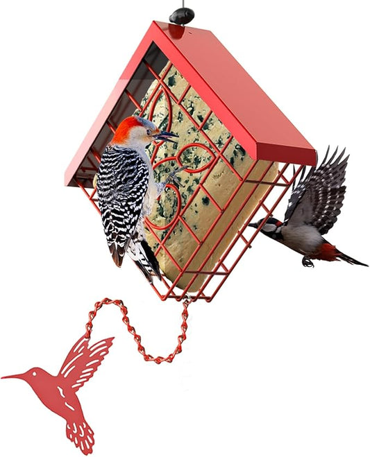 FlowaFoli Suet Bird Feeder, Metal Suet Feeder for Outside Hanging, Single Suet Cake Capacity, Fruit and Suet Feeder Style for Outside Hanging(Red)