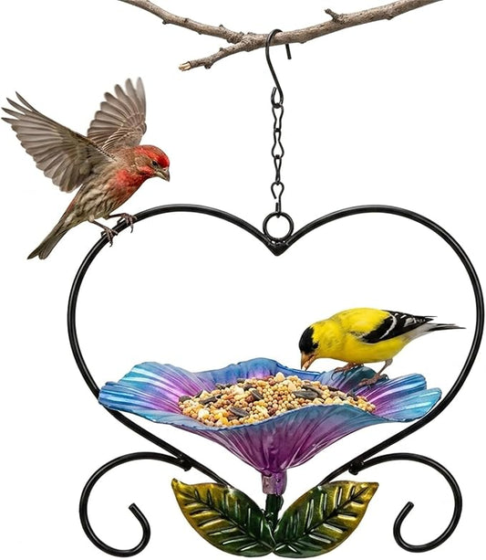 Heart-Shaped Wrought Iron Flower Bird Feeder, Signals Heart Shaped Bird Feeder Stake-Outdoor Garden Patio Decoration for Cardinals, Finches, Parrots & Wild Birds, for Patio Watching (Purple)