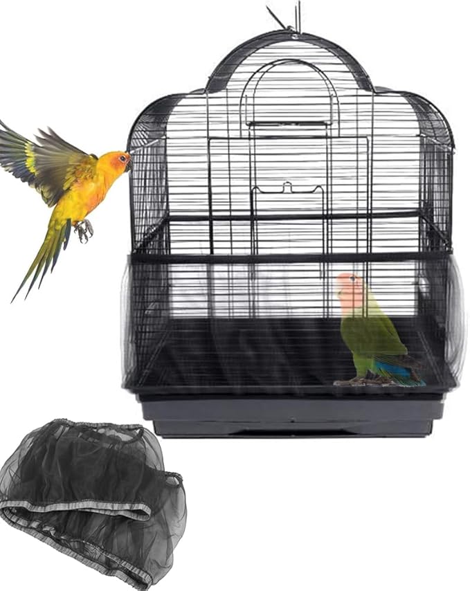 Universal Mesh Bird Cage Cover Shell Skirt Net Easy Cleaning Seeded Catcher Guard Bird Cage Stretchy Mesh Parrot Bird Cage Net(Large,Black)