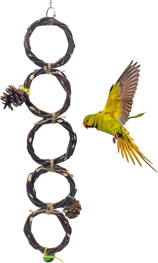 BNOSDM Bird Swing Rings Toy Natural Wood Parrot Climbing Ladder Parakeet Chewing Toys Hanging Budgie Cage Accessories for Green Cheek Conure Cockatiel Lovebird (Single Row 5 Rings)