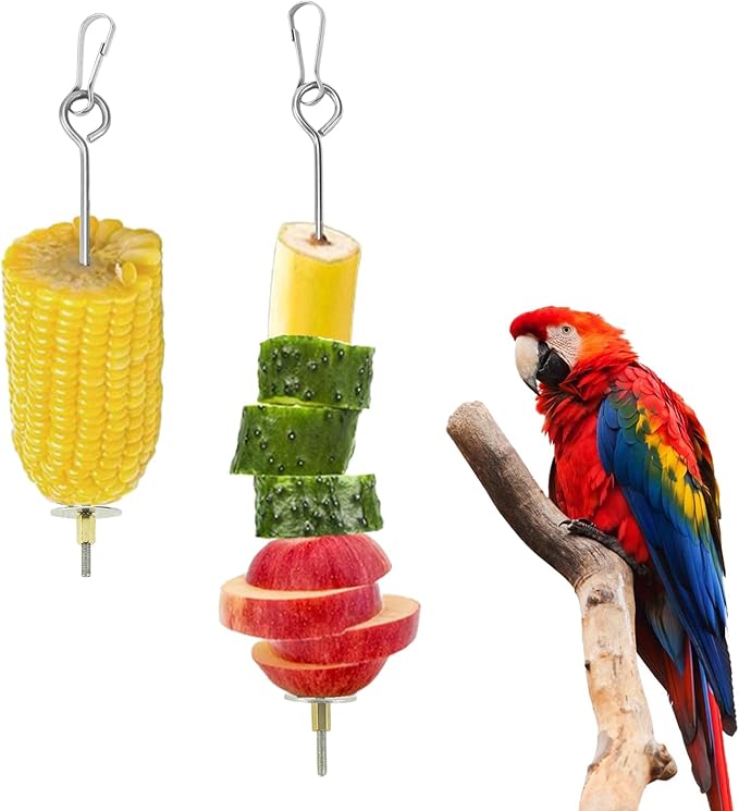 2pcs Bird Cage Food Holder with Hook Parrot Fruit Skewers Stainless Steel Birds Treats Skewer Foraging Toys for Macaw Parakeet Parrot Budgie