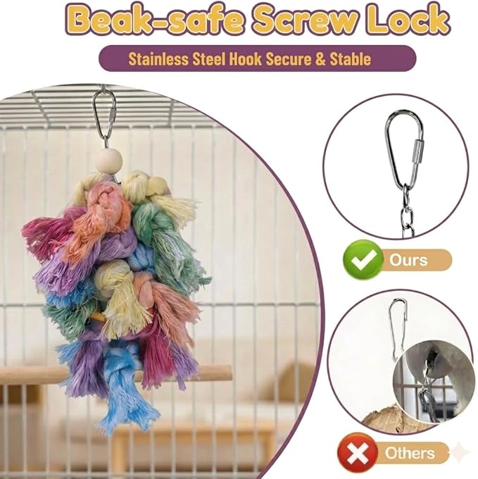 Bird Preening Toy - Natural Cotton Rope & Wood Blocks to Support Feather Health, Safe Screw-Link Enrichment Hanging Toy for Cockatiels, Conures, Parakeets,Lovebirds