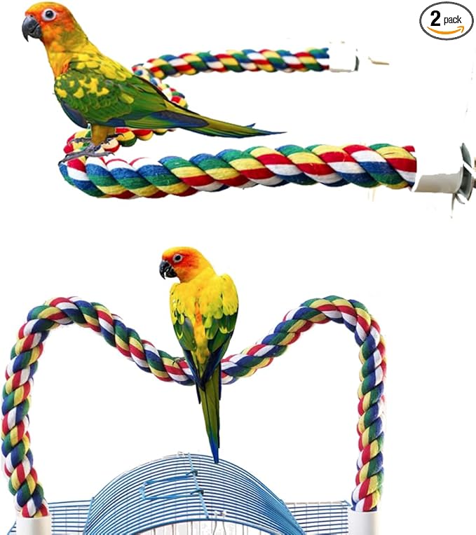 2PCS 23.6" Bird Rope Perches for Parakeets, Soft Cotton Parrot Perch with Quick Fixing Screws, Colorful Bird Cage Accessories for Cockatiels, Budgie, Canary, Comfy Perch Toy for Cage, 0.8in Dia