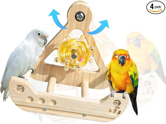 Bird Stand Perch Toy,Interactive Rocking Parakeet Toy and Perch, Wooden Exercise Wheel Cockatiel Toy, Intelligence Puzzle Enrichment Toys,Bird Playground Play Stands for Conure Budgie(C)