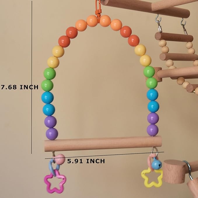Bird Cage Swings Perch Large Parrot Hanging Toys for Cockatiels, Parakeets Birdcage Wood Stands Rainbow Beads Bell Climbing Training Toy for Lovebirds Conures Budgies Macaws Playground Accessories