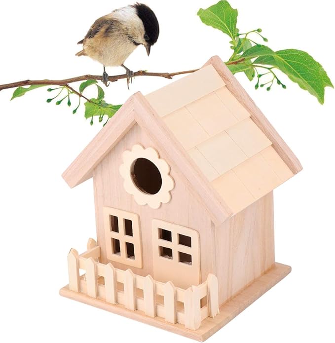Milisten Wooden Bird Nest Ornament with Double Window Wide Entrance Unfinished DIY Painting Craft Bird House for Outdoor Garden Small Birds Bed Hut 6.88X5.51X5.11In